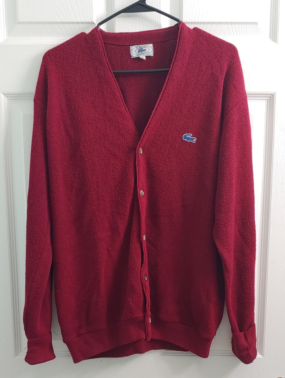 Vintage 70s Lacoste Cardigan Raspberry Red Ivy League Sweater Unisex Size L